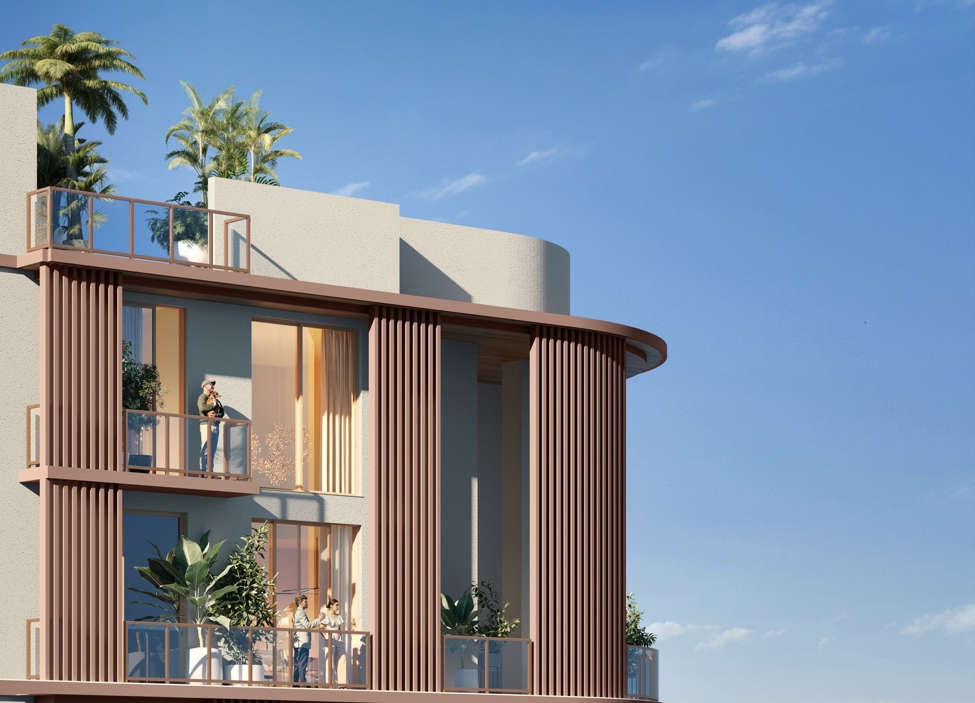 Private balcony at The Lincoln Coconut Grove Residences — glass railings, power outlets for outdoor use, view of the Coconut Grove canopy.