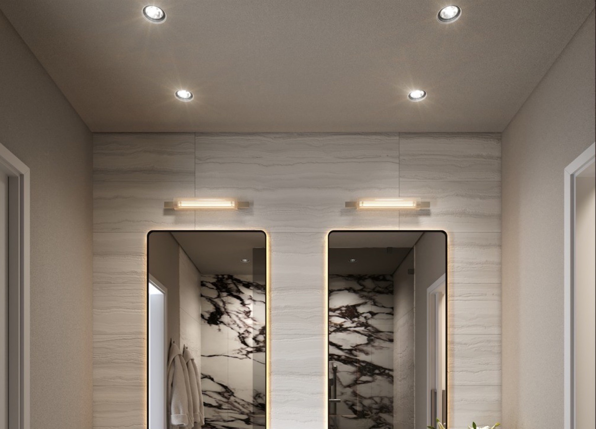 Primary bathroom at The Lincoln Coconut Grove Residences — floor-to-ceiling glass shower, marble countertop, resort-inspired double vanity, Brizo fixtures.