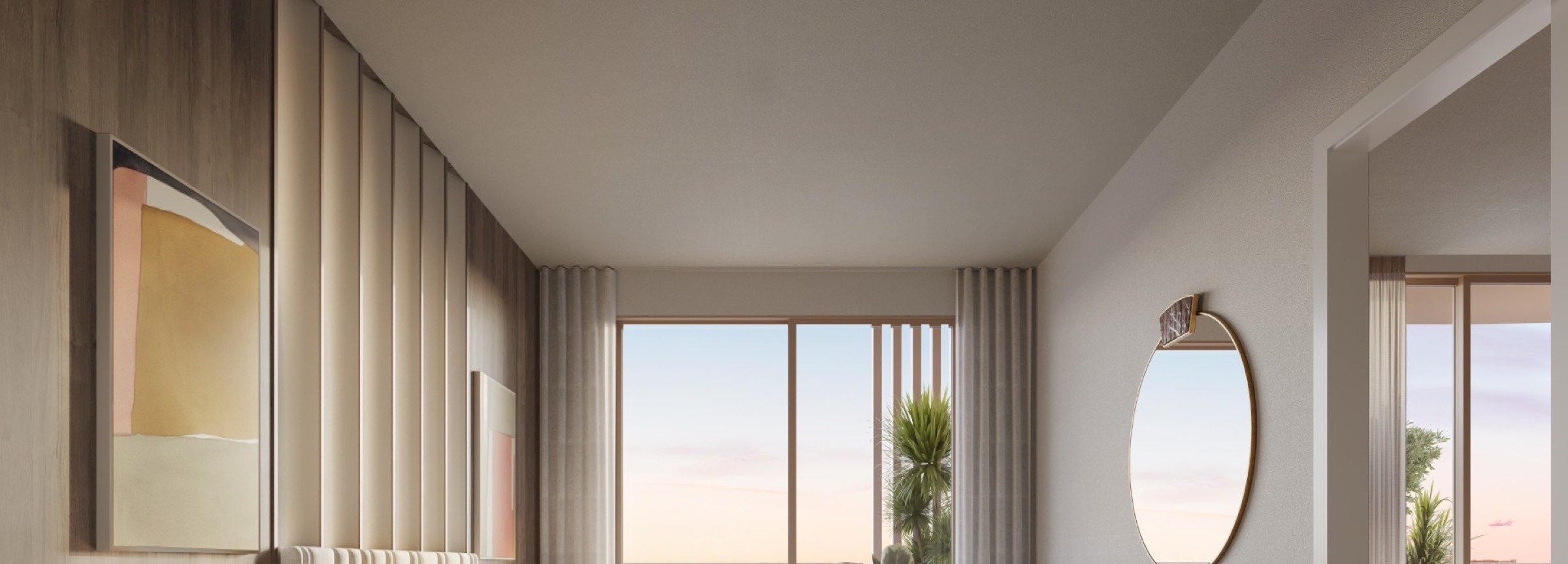 Primary bedroom at The Lincoln Coconut Grove Residences — 11-foot ceilings, expansive walk-in closet, soft tonal palette, light-filled corner exposure.