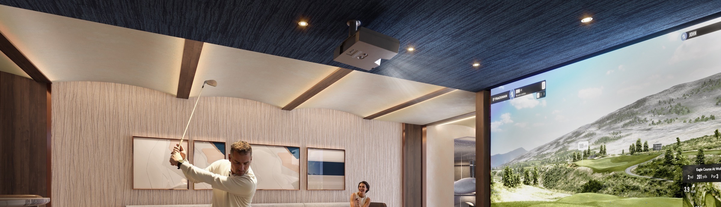 Golf simulator at The Lincoln Coconut Grove Residences — full-swing golf simulator with comfortable lounge seating in a warmly lit private room.