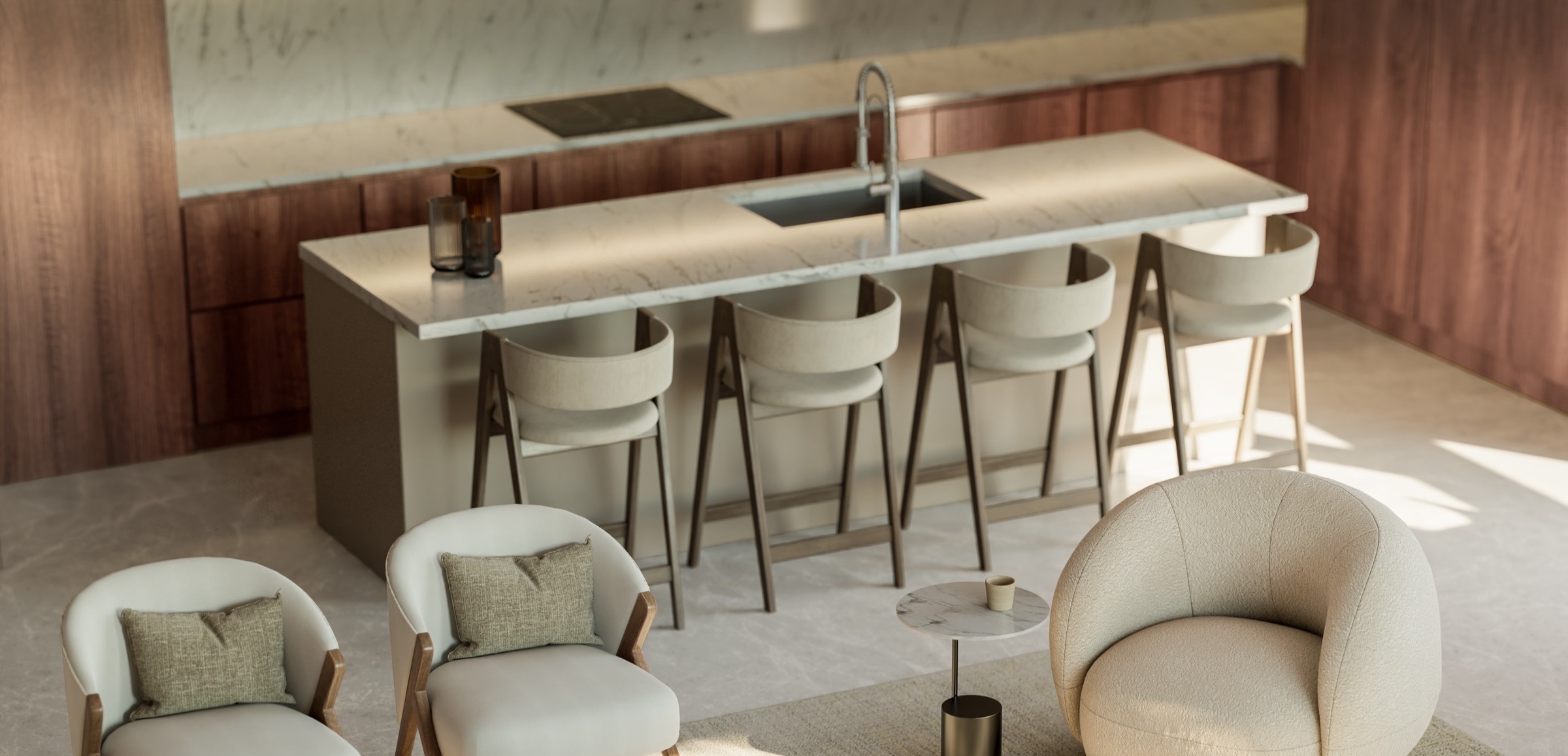 Co-working and media lounge at The Lincoln Coconut Grove Residences — flexible workspace with comfortable seating, lounge area, and large island for shared work or casual entertaining.