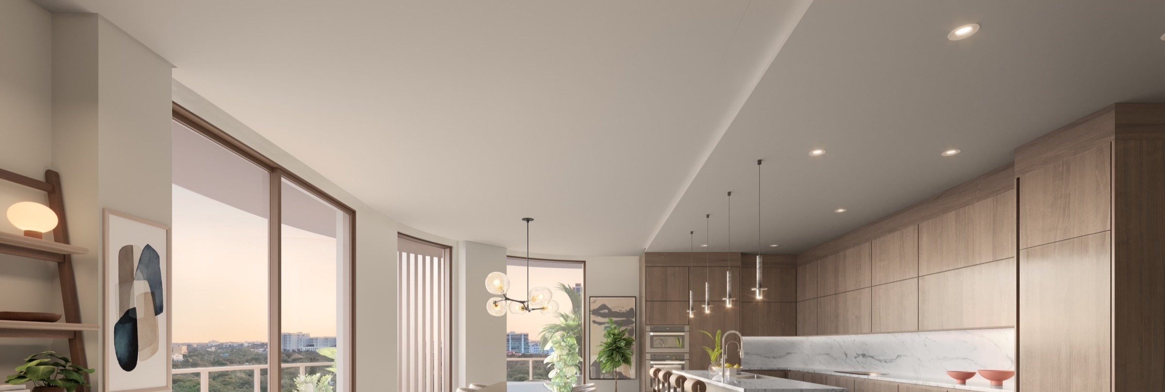 Open living and kitchen at The Lincoln Coconut Grove Residences — Snaidero Italian cabinetry, 10-foot quartz island, full Miele appliance suite.