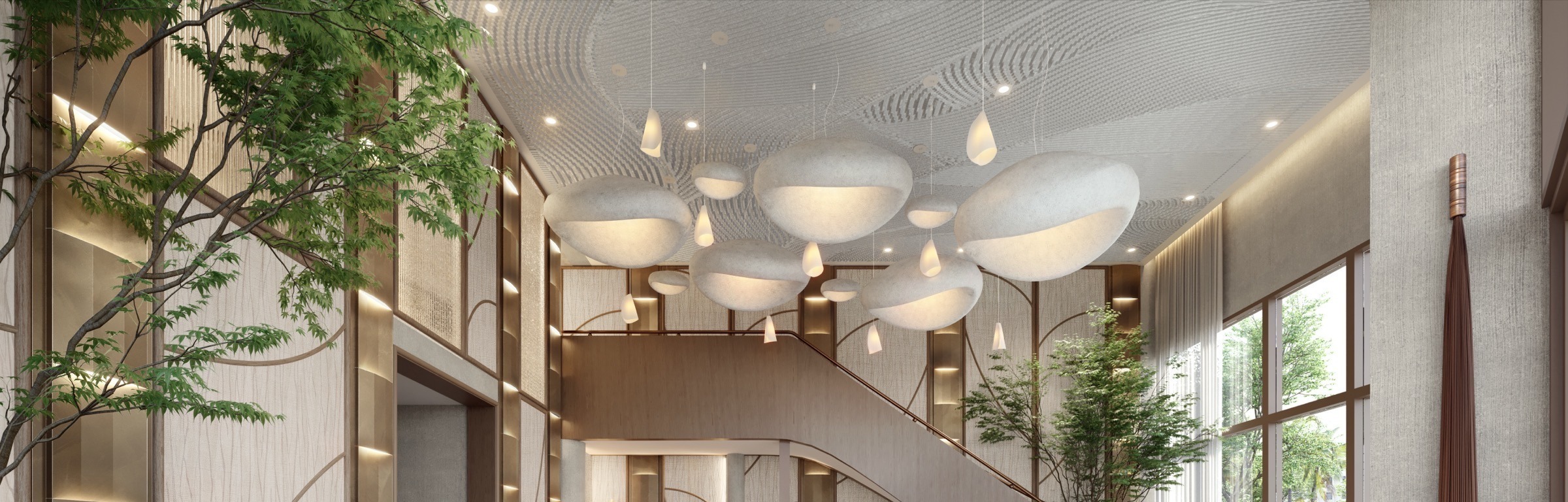 Residential lobby at The Lincoln Coconut Grove Residences — Design Philosophy interiors with warm walnut millwork, tactile stone walls, and soft ambient lighting.