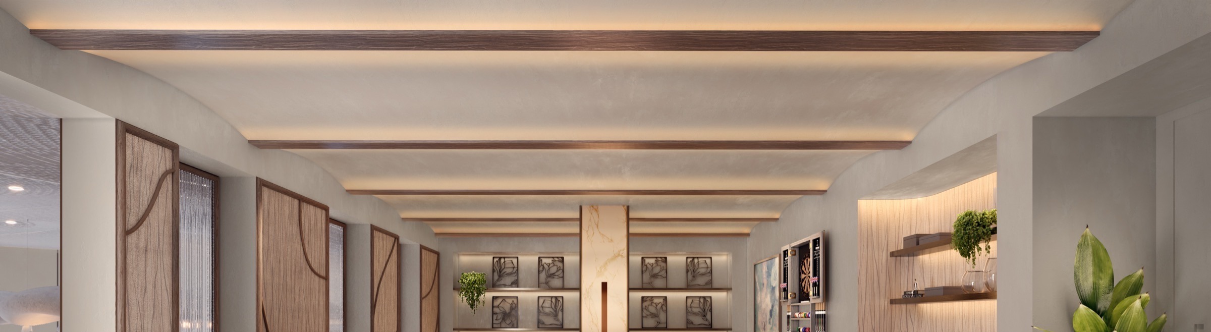 Mezzanine seating area at The Lincoln Coconut Grove Residences — sculptural staircase, layered lighting, and intimate lounge seating overlooking the lobby.