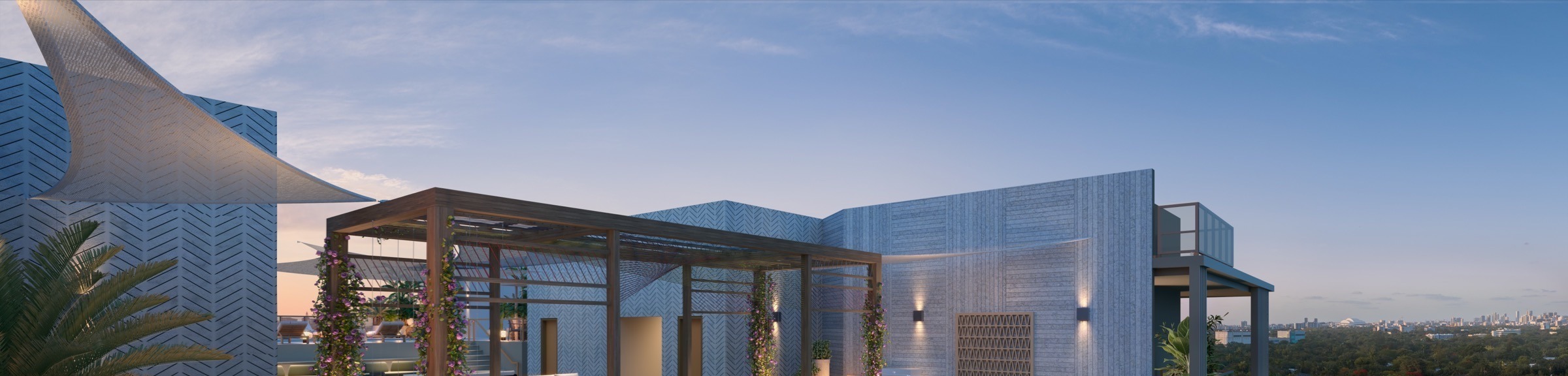 Rooftop lounge at dusk at The Lincoln Coconut Grove Residences — golden-hour ambient lighting, intimate seating clusters, summer kitchen beyond.