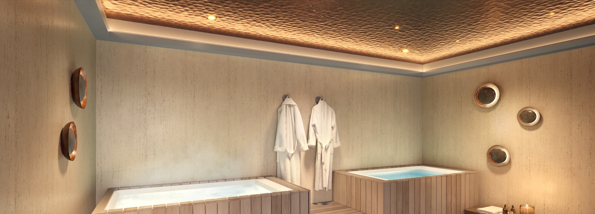 Spa at The Lincoln Coconut Grove Residences — Zen-inspired treatment area with soft natural light, warm walnut, and tactile stone walls.