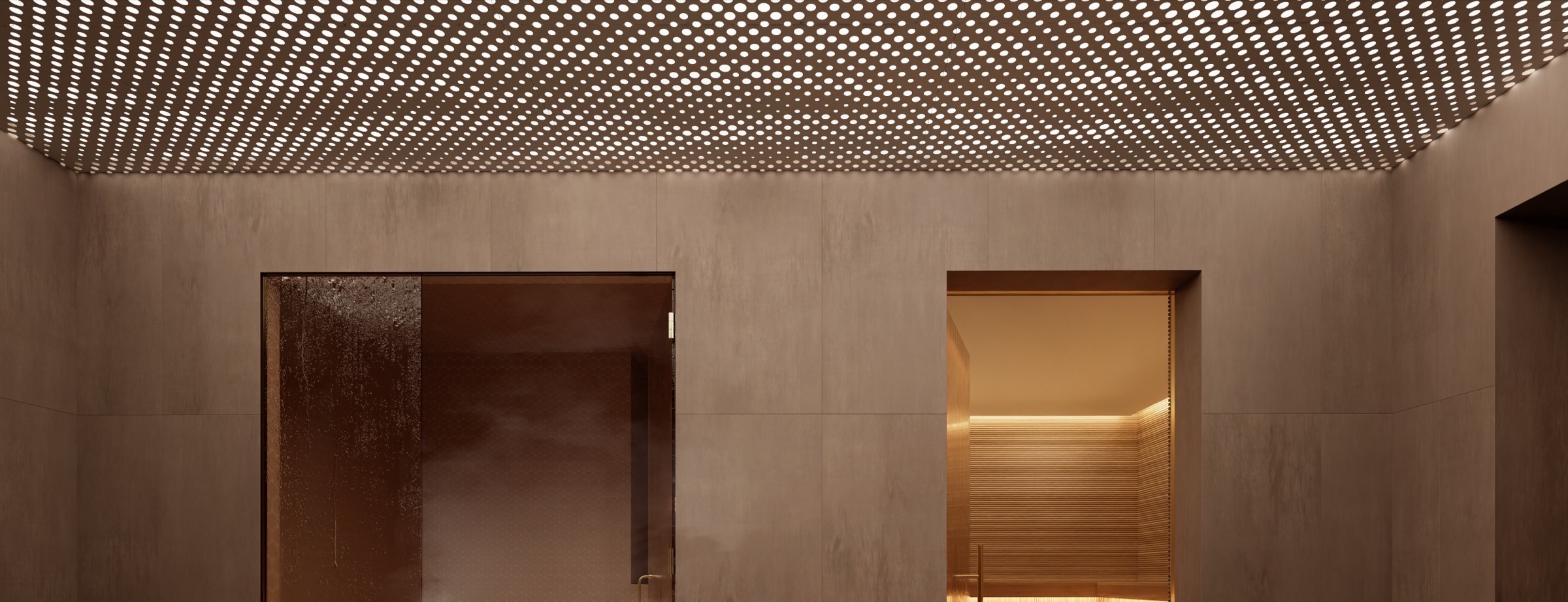Sauna at The Lincoln Coconut Grove Residences — Finnish-style cedar sauna with bench seating and warm ambient lighting.