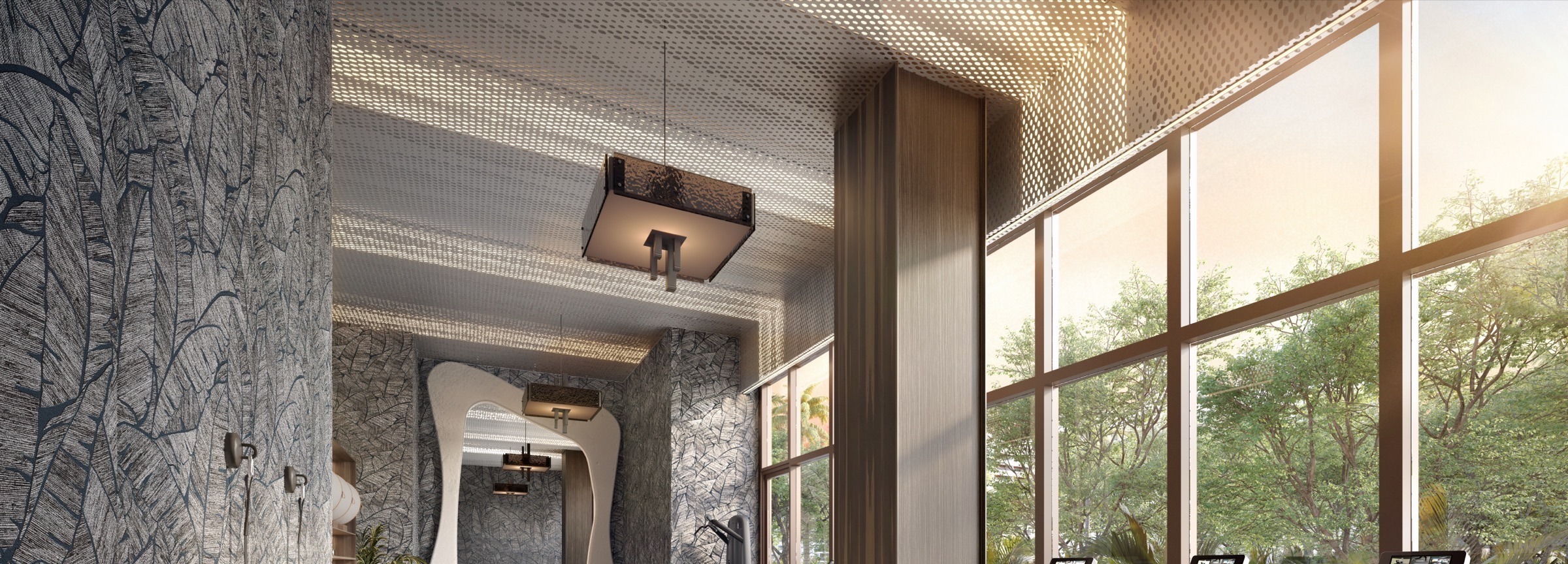 Gym training studio at The Lincoln Coconut Grove Residences — open training area with mirrored wall, free weights, and functional fitness equipment.